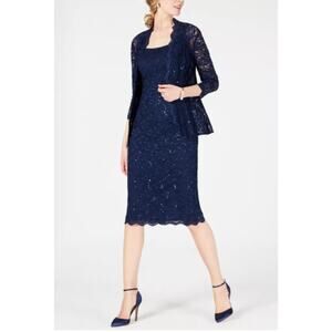 ALEX EVENINGS Sequined Lace Sheath Navy Blue Dress and Jacket Sz 10